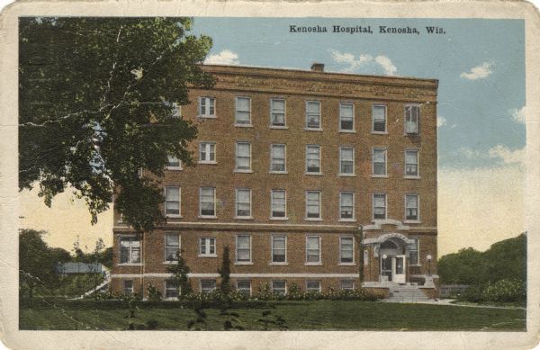 Illustration of a four-story hospital. Caption reads: "Kenosha Hospital, Kenosha, Wis."