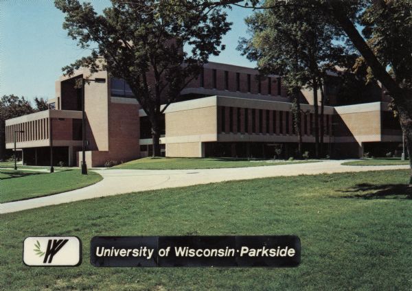 Color photographic postcard view of the Irvin G. Wyllie Library at U.W. Parkside. Caption reads: "University of Wisconsin &#8226; Parkside."