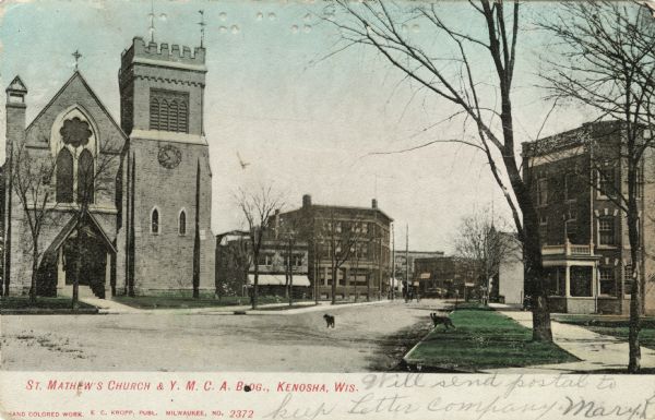 Hand-colored postcard of a street with a church on the left and the YMCA in the center. Dogs are on the terrace and in the street. Caption reads: "St. Mathew's Church and Y.M.C.A. Bldg., Kenosha, Wis."