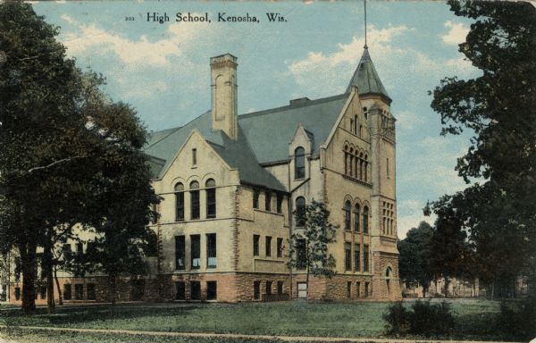 Color illustration of the high school building. Caption reads: "High School, Kenosha, Wis."