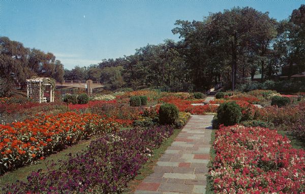 Ektachrome postcard of flower beds surrounding a fountain. A trellis and a bridge are on the left.