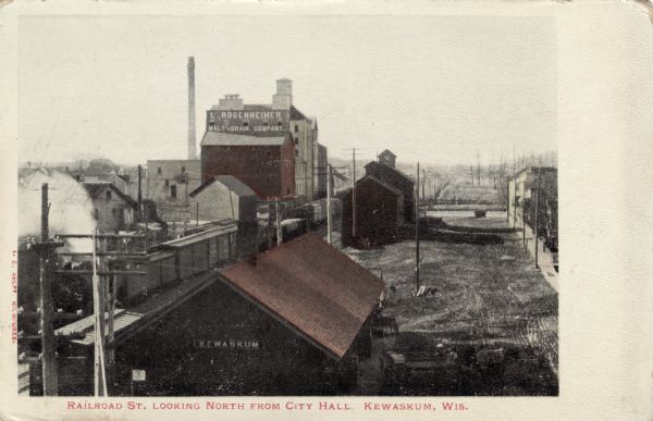 Elevated view of a street next to the train depot. A train is on the left, and a mill and grain company is in the background. Caption reads: "Railroad St. Looking North from City Hall, Kewaskum, Wis."