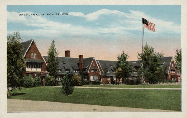 Hand-colored postcard of the American Club during the time it was a dorm for immigrant workers.