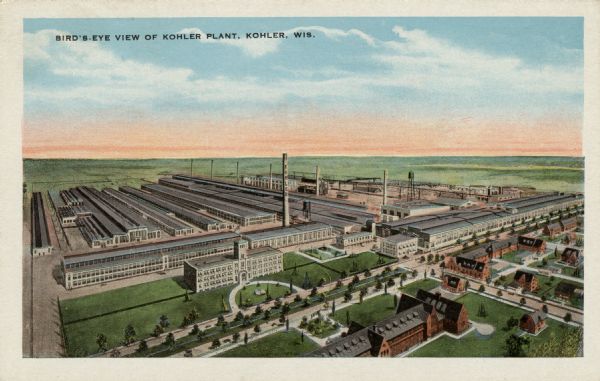 Elevated view of the expansive Kohler Plant and surrounding landscape. Caption reads: "Bird's-Eye View of Kohler Plant, Kohler, Wis."
