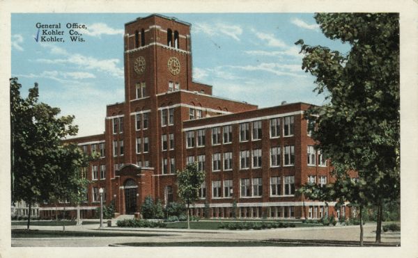 View of the administrative building at the Kohler Plant. Caption reads: "General Office, Kohler Co., Kohler, Wis."