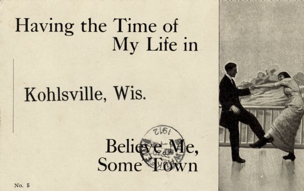 Illustrated postcard of a couple dancing on an outside deck with a view of a hill behind them. Caption reads: "Having the Time of My Life in Kohlsville, Wis. Believe Me, Some Town."