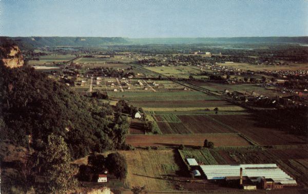 Elevated view of the countryside and neighborhoods from Grandad Bluff. Mississippi River in the distance.