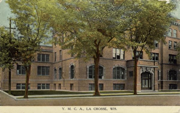 View across street towards the Y.M.C.A. building. Caption reads: "Y.M.C.A., La Crosse, Wis."