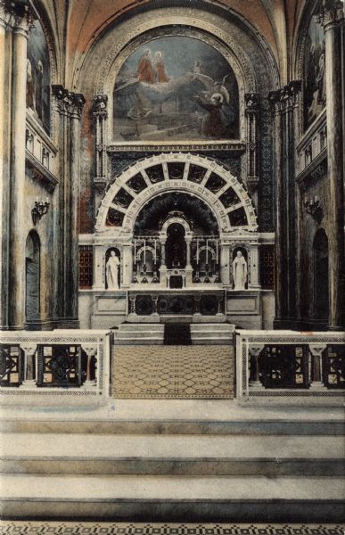 Hand-colored view of the main altar of St. Rose Chapel. Flanked by statues and a fresco above.
