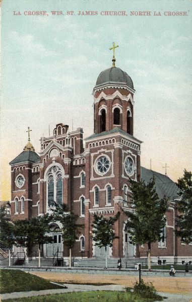 Hand-colored view of a church with the bell tower to the right of the entrance. Caption reads: "La Crosse, Wis., St. James Church, North La Crosse."