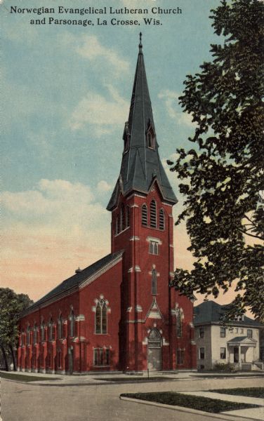 Hand-colored view of a Lutheran church and parsonage. Caption reads: "Norwegian Evangelical Lutheran Church and Parsonage, La Crosse, Wis."
