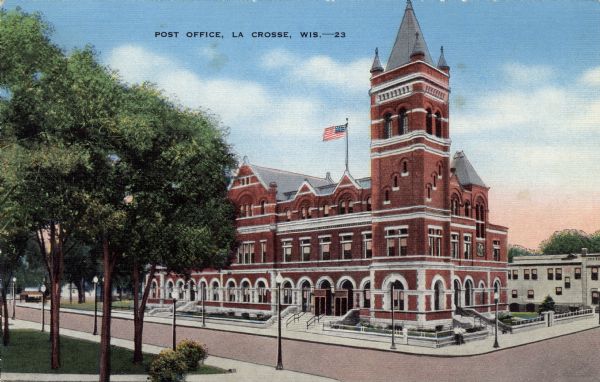 View across street towards the post office. Caption reads: "Post Office, La Crosse, Wis." Text on reverse reads: "The La Crosse Post Office is a major mail distribution point for Wisconsin and Minnesota. The building also houses the federal court chambers and various federal governmental offices."