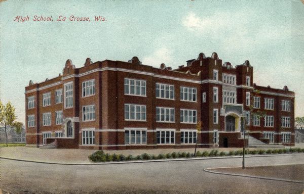 Hand-colored view of the high school, a three-story brick building with arched entrances. Caption reads: "High School, La Crosse, Wis."