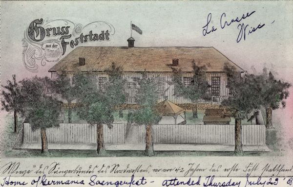 Illustrated view of the home of Germania Saengerfest. Caption reads: "Gruss aus der Feststadt."