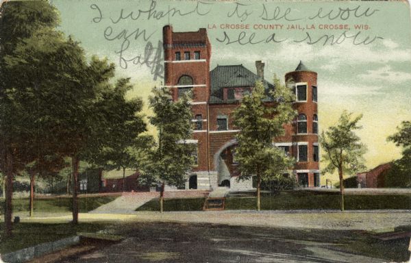 Hand-colored view of the county jail. Caption reads: "La Crosse County Jail, La Crosse, Wis."