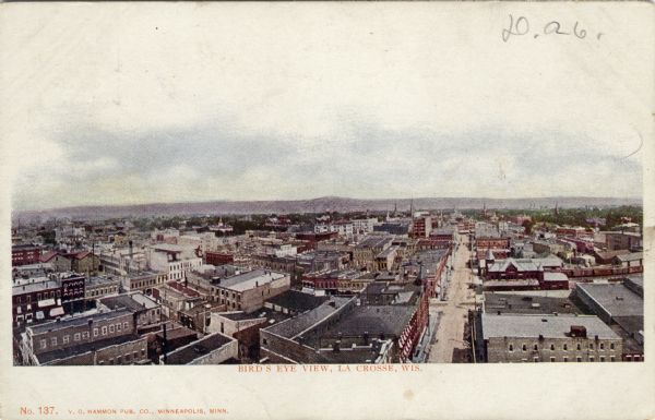 Elevated view of central La Crosse. Caption reads: "Bird's Eye View, La Crosse, Wis."