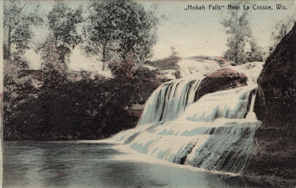 Hand-colored view of Hokah Falls. (In Minnesota). Caption reads: "'Hokah Falls' Near La Crosse, Wis."