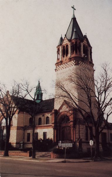Color view of a church built in 1897 of local stone. Located at 9th and Main. National Historical Register.