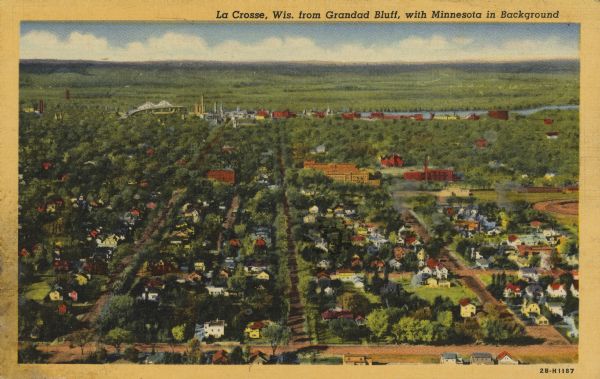Elevated view of the city of La Crosse. The Mississippi River is in the background.