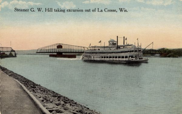 View from shoreline towards the paddle steamer "G.W. Hill" on the Mississippi River. Caption reads: "Steamer G.W. Hill taking excursion out of La Crosse, Wis."