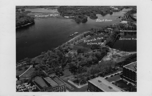 Black and white aerial view of La Crosse and the Mississippi River, including Riverside Park, the Black River and La Crosse River.