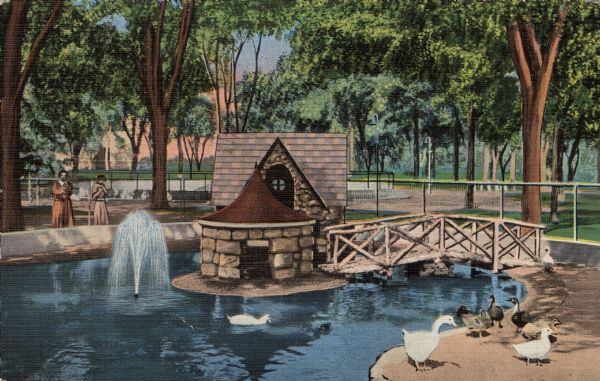 Text on reverse reads: "Duck Pond in Myrick Park, LaCrosse, Wis. — 17. Constructed of natural stone or 'gully rock', the duck pond is an outstanding attraction in Myrick Park. Various species of migratory waterfowl are displayed here for the benefit of picknickers and park visitors."