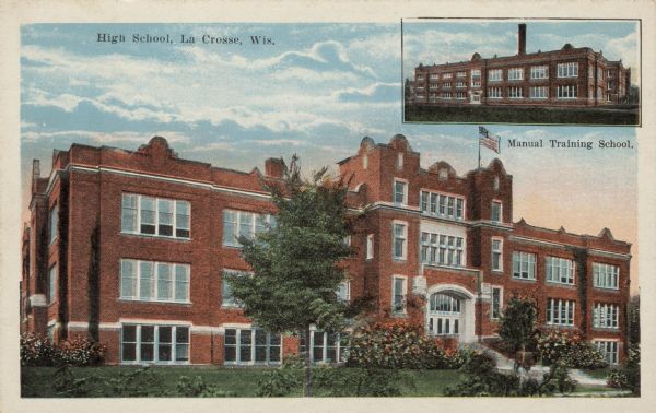 View of the High School, with an inset of the Manual Training School at top right. Caption reads: "High School, La Crosse, Wis."