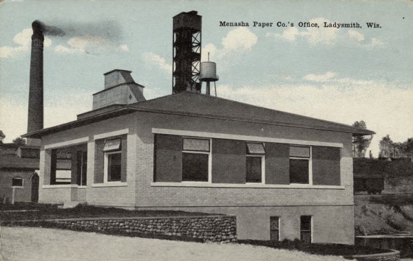 The office building for the Ladysmith branch of Menasha Paper Co. Caption reads: "Menasha Paper Co.'s Office, Ladysmith, Wis."