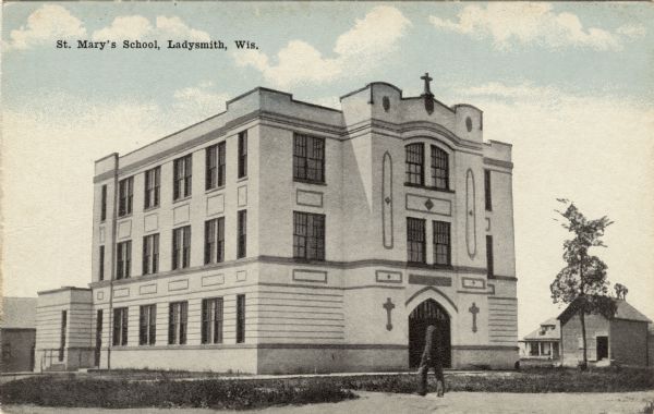 View of a Catholic school. Caption reads: "St. Mary's School, Ladysmith, Wis."