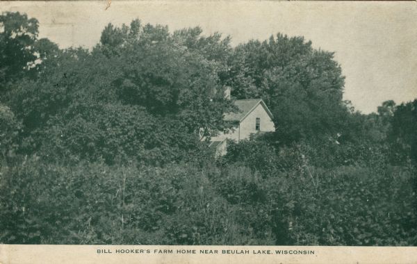 View towards a farmhouse nestled among trees. Caption reads: ", Wis."Caption reads: "Bill Hooker's Farm Home Near Beulah Lake, Wisconsin."