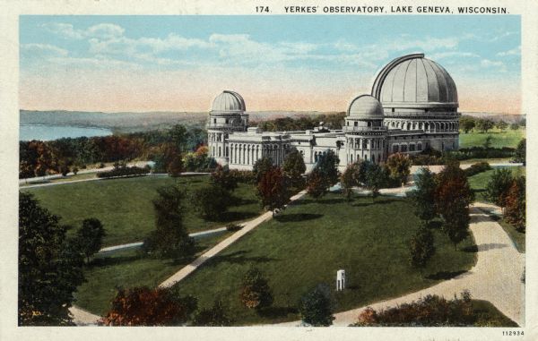 Colorized elevated postcard view of Yerkes Observatory near the shore of Lake Geneva. Caption reads: "Yerkes' Observatory, Lake Geneva, Wisconsin."
