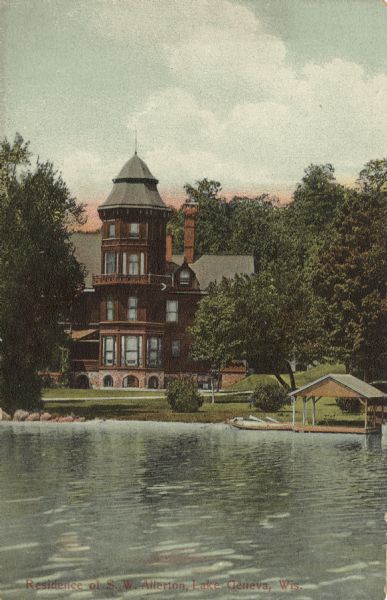 View across water towards a large lakeside house with a turret. Caption reads: "Residence of S. W. Allerton, Lake Geneva, Wis."