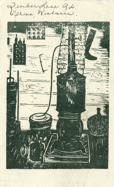 A woodcut illustration of a whiskey still. The message on the reverse is addressed to Senator Gaylord Nelson.