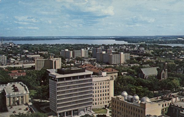 Elevated view of the south east campus area with Lake Monona in the background.