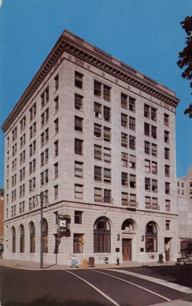The First National Bank building on the corner of  South Pinckney Street and East Washington Avenue.