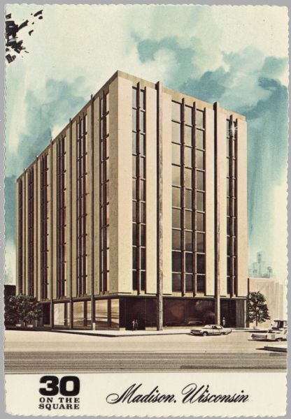 Postcard invitation to "attend an 'Open House' at the Wisconsin Association of Cooperatives and the International Cooperative Training, Inc. new offices on the ninth floor of 30 On The Square office building." (Corner of Mifflin and Carroll Streets).
