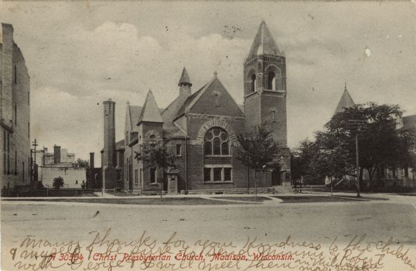 View across street towards the church located at 124 Wisconsin Avenue. Caption Reads: "Christ Presbyterian Church, Madison, Wisconsin."