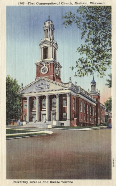 Illustration on linen-finish paper of the church at the corner of University Avenue and Breese Terrace. Caption Reads: "First Congregational Church, Madison, Wis."