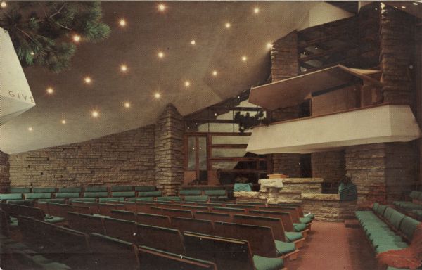 Text on back reads: "Interior of the meeting house of First Unitarian Society, Madison, Wisconsin. Buildings and furnishings designed by Frank Lloyd Wright.