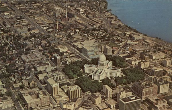 Aerial view of Capitol Square and the surrounding central isthmus. Lake Monona is on the right.