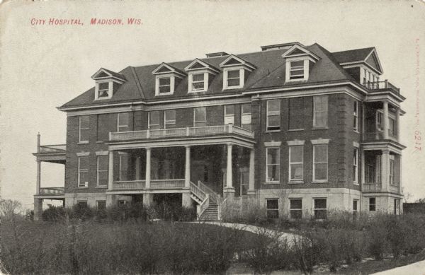 Exterior view of City Hospital. Caption reads: "City Hospital, Madison, Wis."