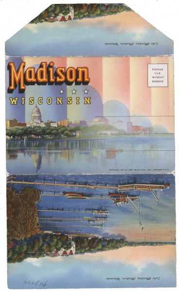 Mailing envelope containing eighteen postcard views inside. The front of the mailer shows the Wisconsin State Capitol from across a lake, and another view shows piers along the Lake Mendota shoreline.