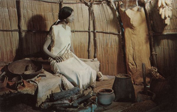 Text on back reads: "Interior of a Wisconsin Indian wigwam about 1600 A.D. Diorama at the Museum, State Historical Society of Wisconsin."