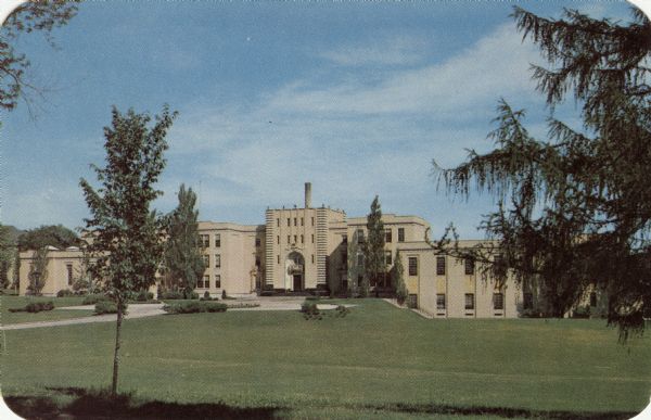 A Kodachrome postcard of the exterior of Edgewood College.

Text on reverse reads: "Edgewood College - Madison, Wisconsin
Edgewood is one of Madison's oldest institutions and offers both high school and college courses."