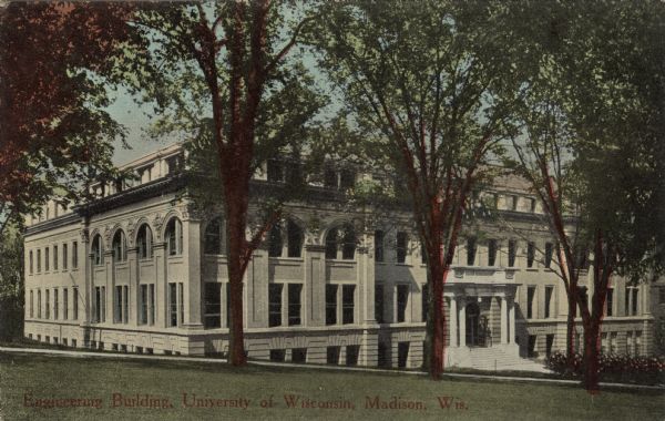 Exterior view across Bascom Hill of the Engineering Building. Caption reads: "Engineering Building, University of Wisconsin, Madison, Wis."