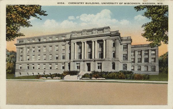 External view of the chemistry building on the University of Wisconsin campus on University Avenue and N. Charter Street. Caption reads: "Chemistry Building, University of Wisconsin, Madison, Wis."