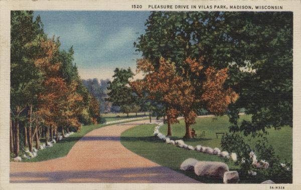 Scene of a tree and rock-lined road through Vilas Park. Benches are on the lawn on the right. Caption reads: "Pleasure Drive in Vilas Park, Madison, Wisconsin."