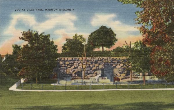 View across lawn towards the bear enclosures at Vilas Zoo. Caption reads: "Zoo at Vilas Park, Madison, Wisconsin."