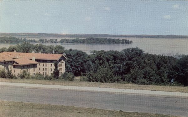 View of Picnic Point and Lake Mendota from over the men's residence hall at the University of Wisconsin.