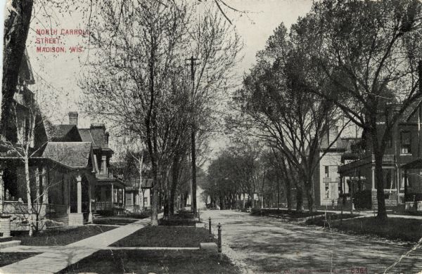 View down terrace on left side of North Carroll Street, lined with homes. Hitching posts are at the curb. Caption reads: "North Carroll Street, Madison, Wis."